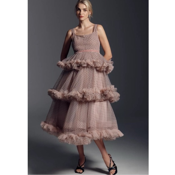 NWT Mac Duggal 20776 Tulle Ruffle Tiered Polka Dot Dress - Picture 3 of 11